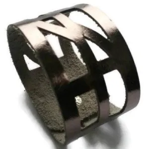 Silver Metallic Reclaimed Leather Cuff Bracelet. Leather wrist Band