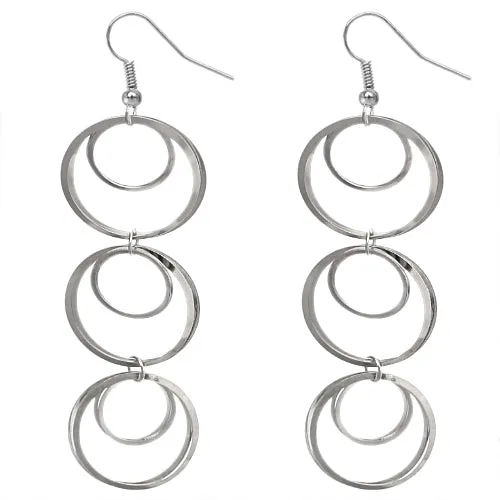 Silver Round Triple Hoop Drop Earrings
