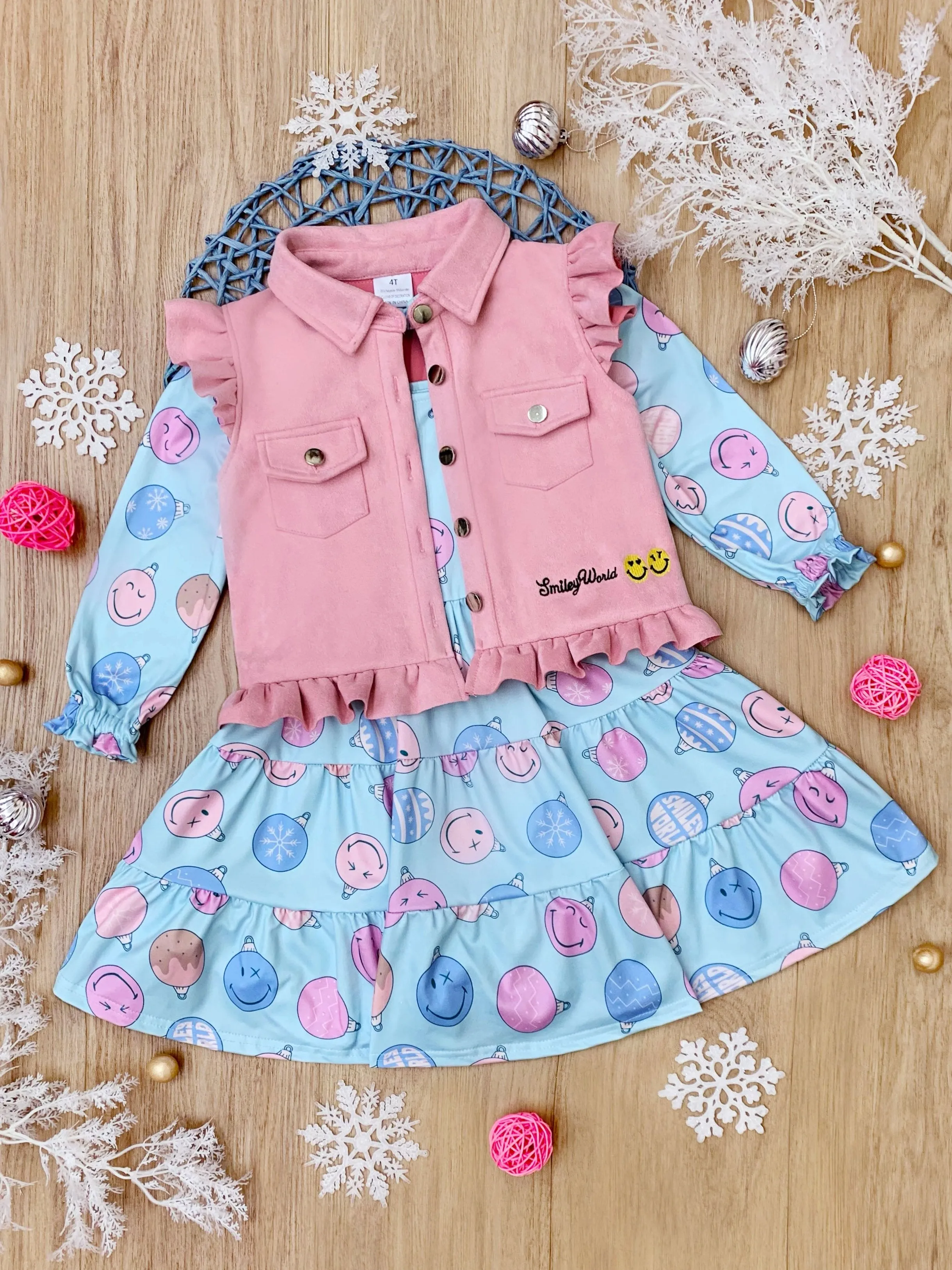 SmileyWorld Feeling Festive Faux Suede Vest and Dress Set