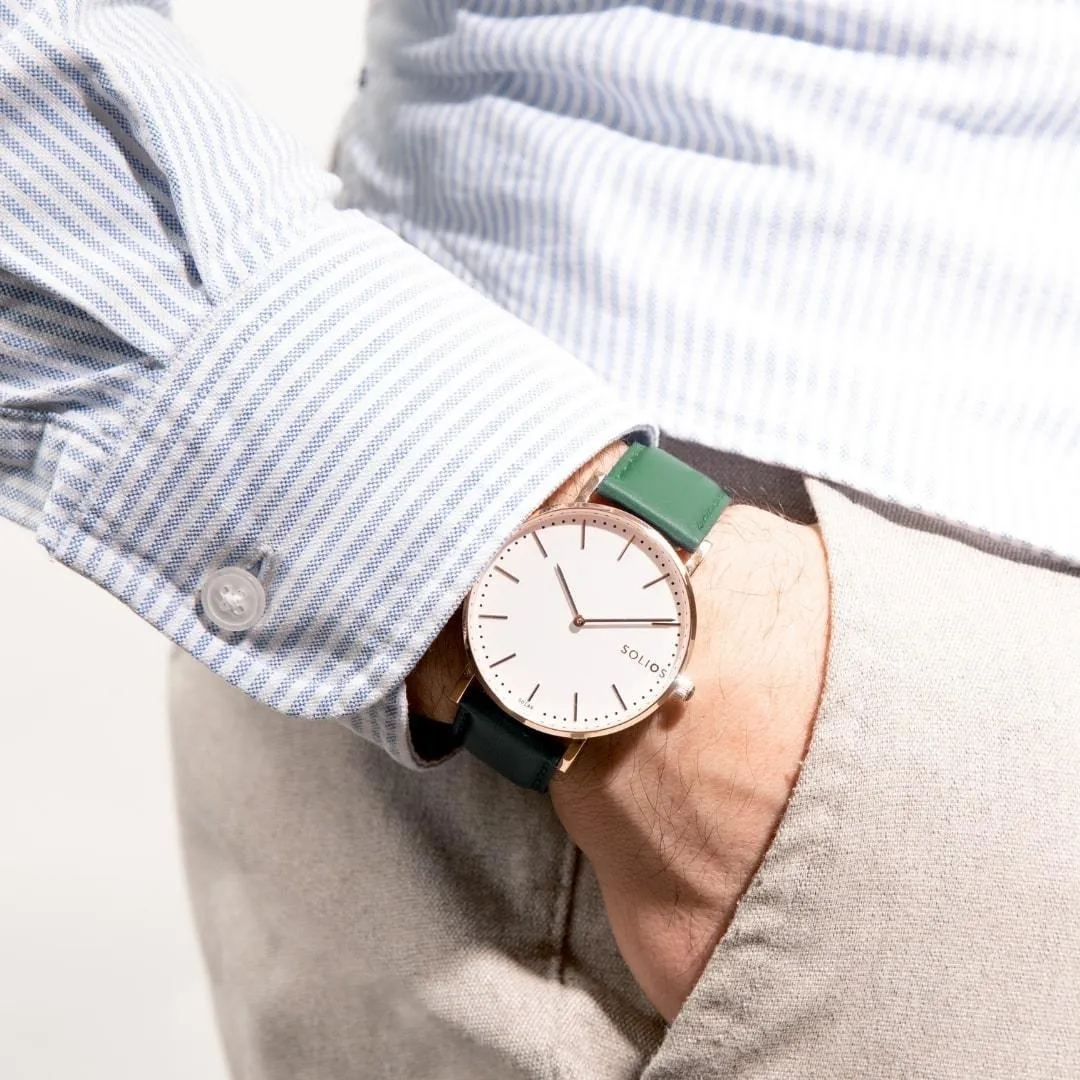 Solar Watch with White & Rose Gold Dial  | Green Vegan Leather Strap
