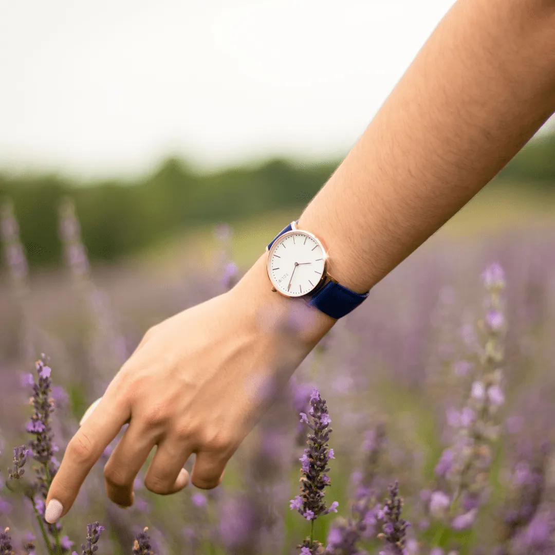 Solar Watch with White & Rose Gold Dial  | Green Vegan Leather Strap