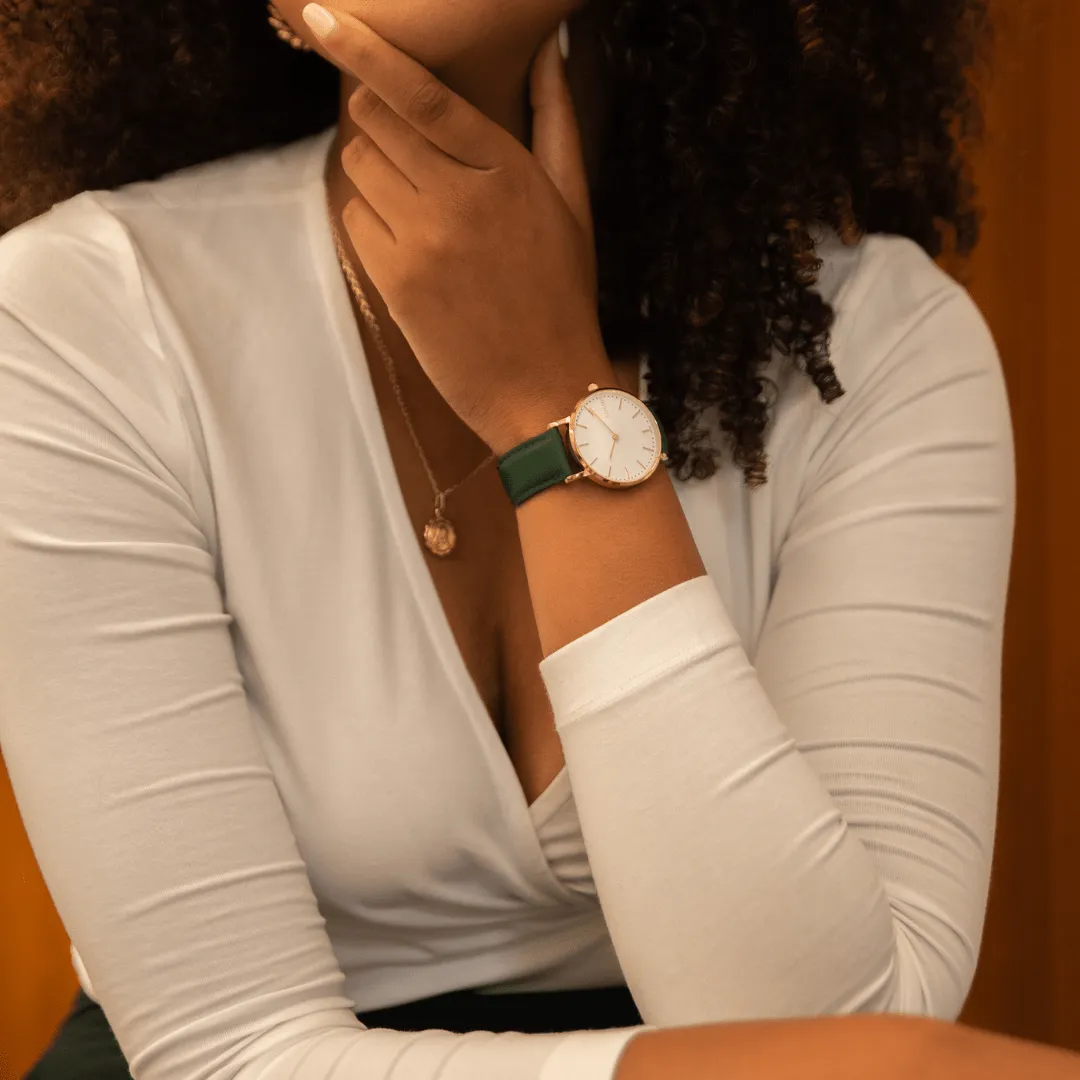 Solar Watch with White & Rose Gold Dial  | Green Vegan Leather Strap