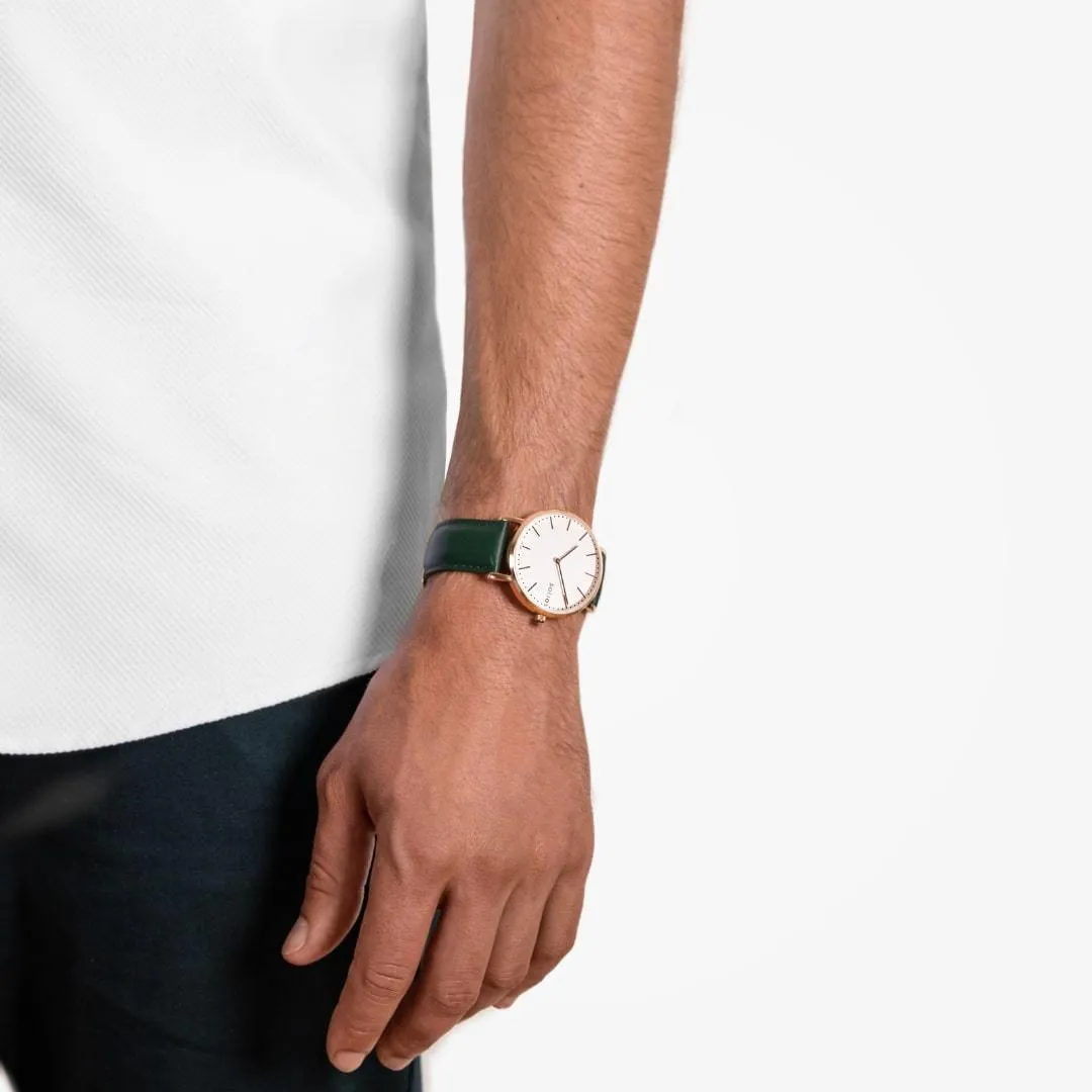 Solar Watch with White & Rose Gold Dial  | Green Vegan Leather Strap