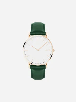 Solar Watch with White & Rose Gold Dial  | Green Vegan Leather Strap