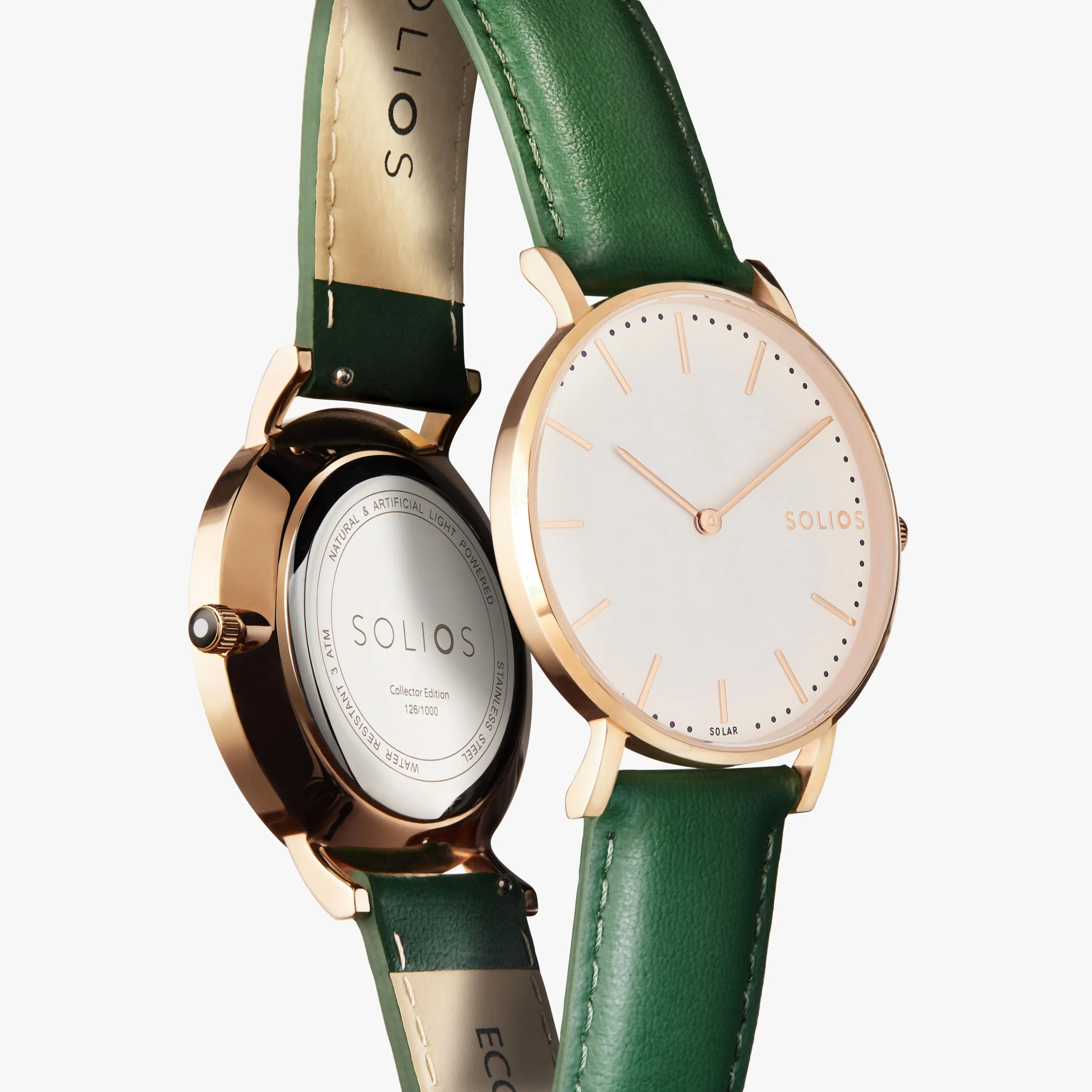 Solar Watch with White & Rose Gold Dial  | Green Vegan Leather Strap