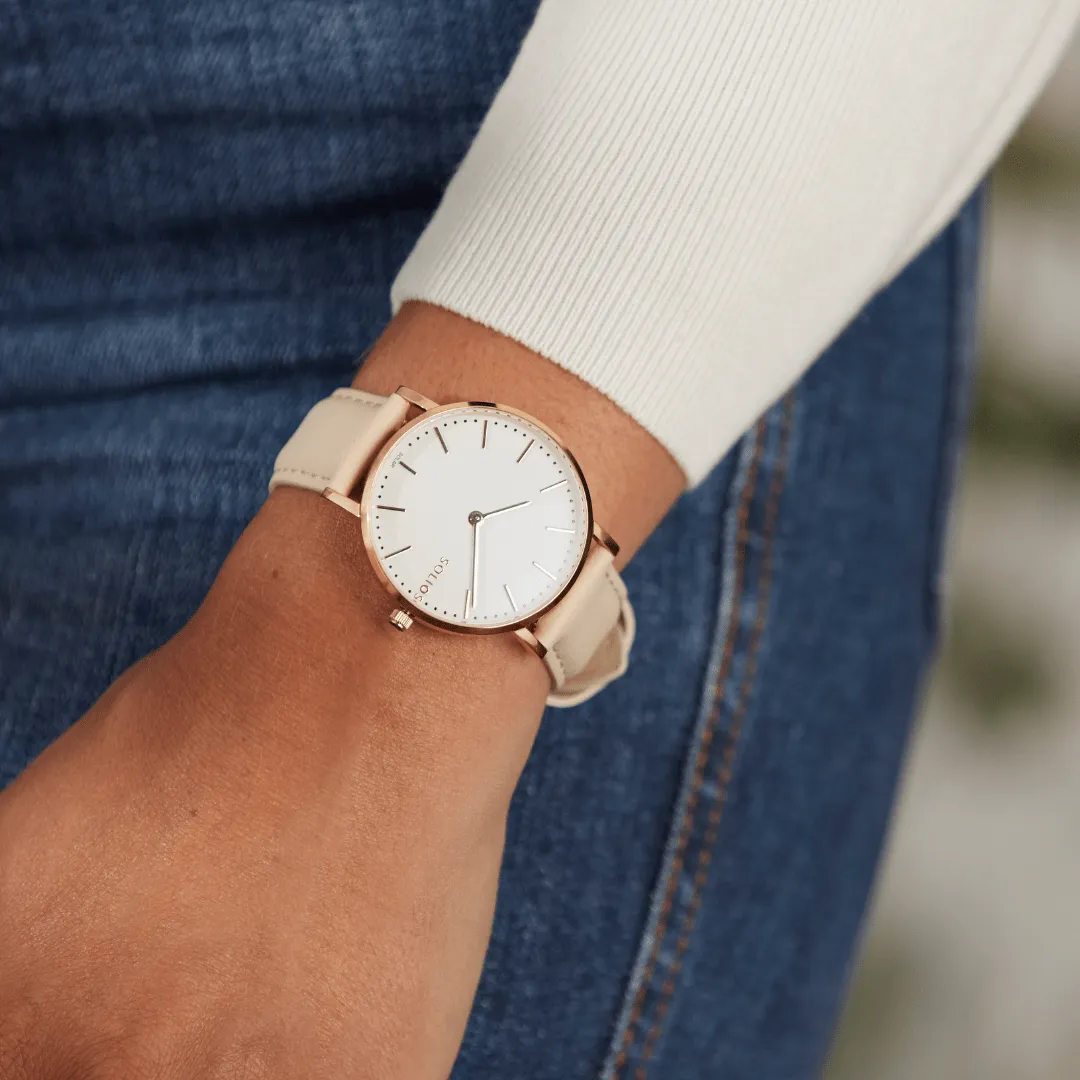 Solar Watch with White & Rose Gold Dial  | Green Vegan Leather Strap