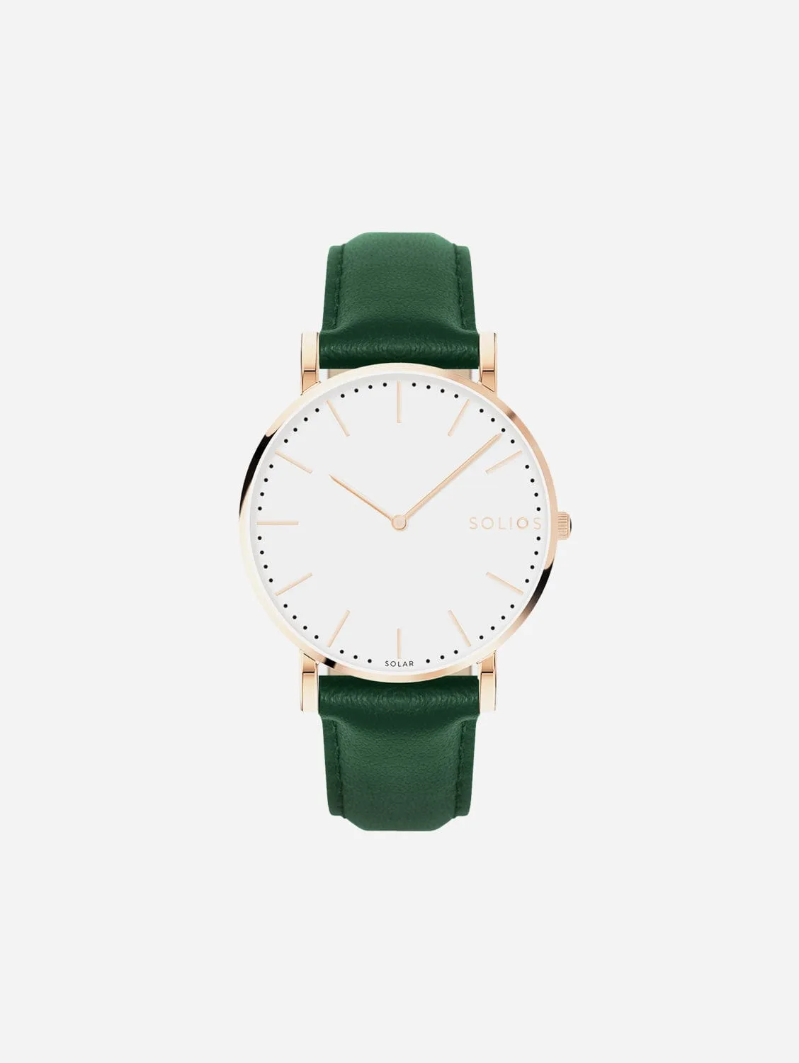 Solar Watch with White & Rose Gold Dial  | Green Vegan Leather Strap