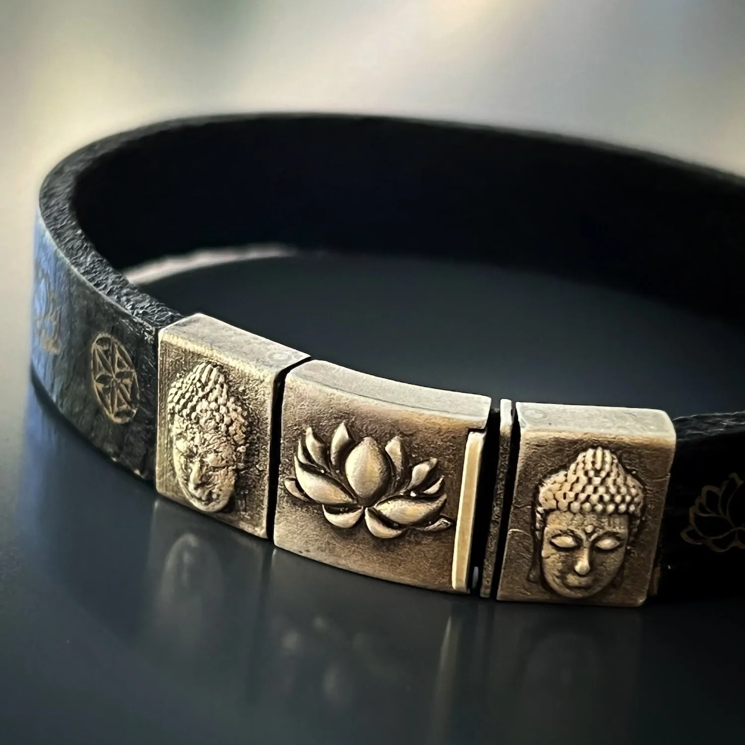 Spiritual Buddha and Lotus Leather Bracelet