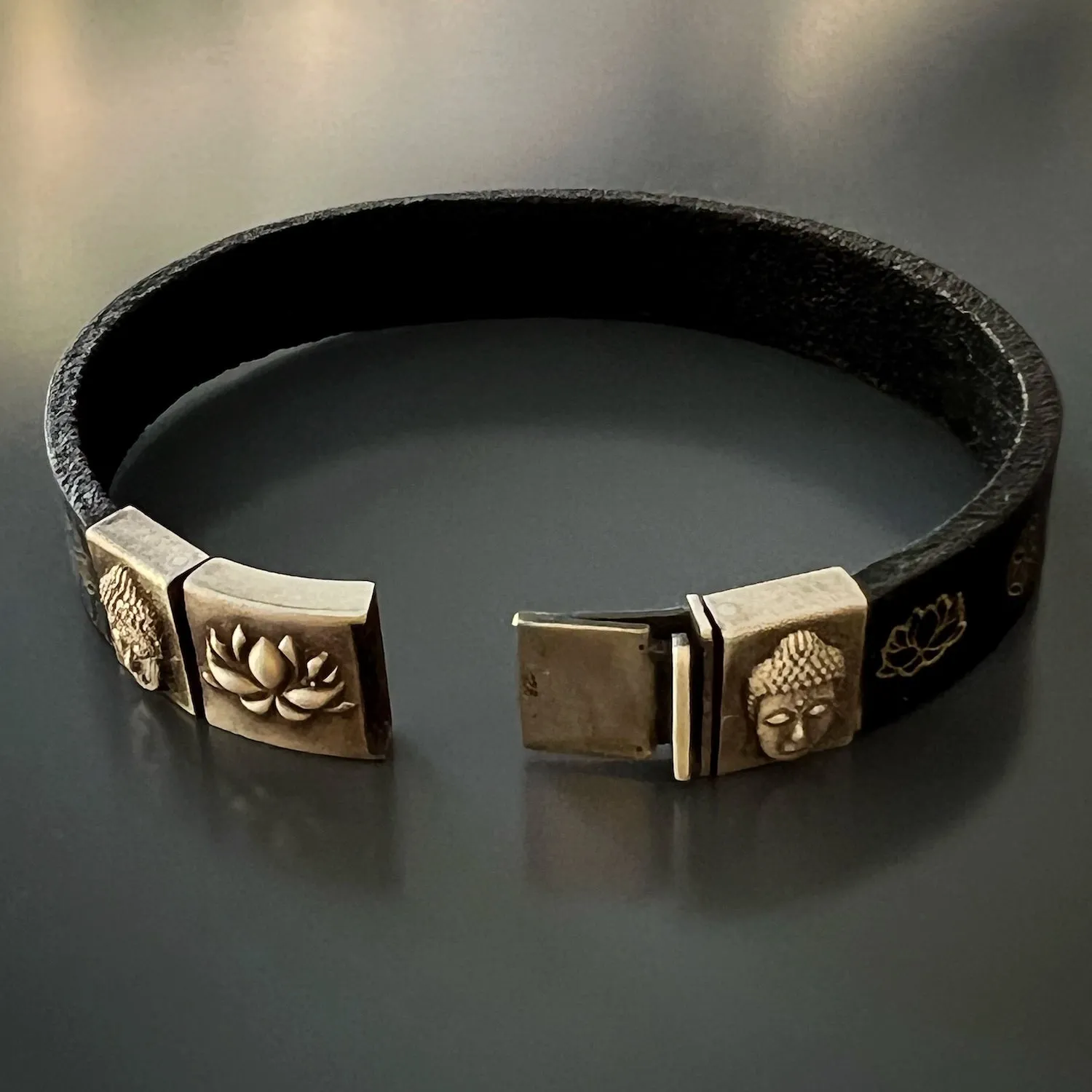 Spiritual Buddha and Lotus Leather Bracelet