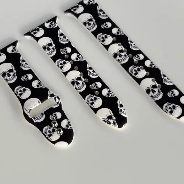 Spooky - Black and White Skull Print Silicone Apple Watch Band