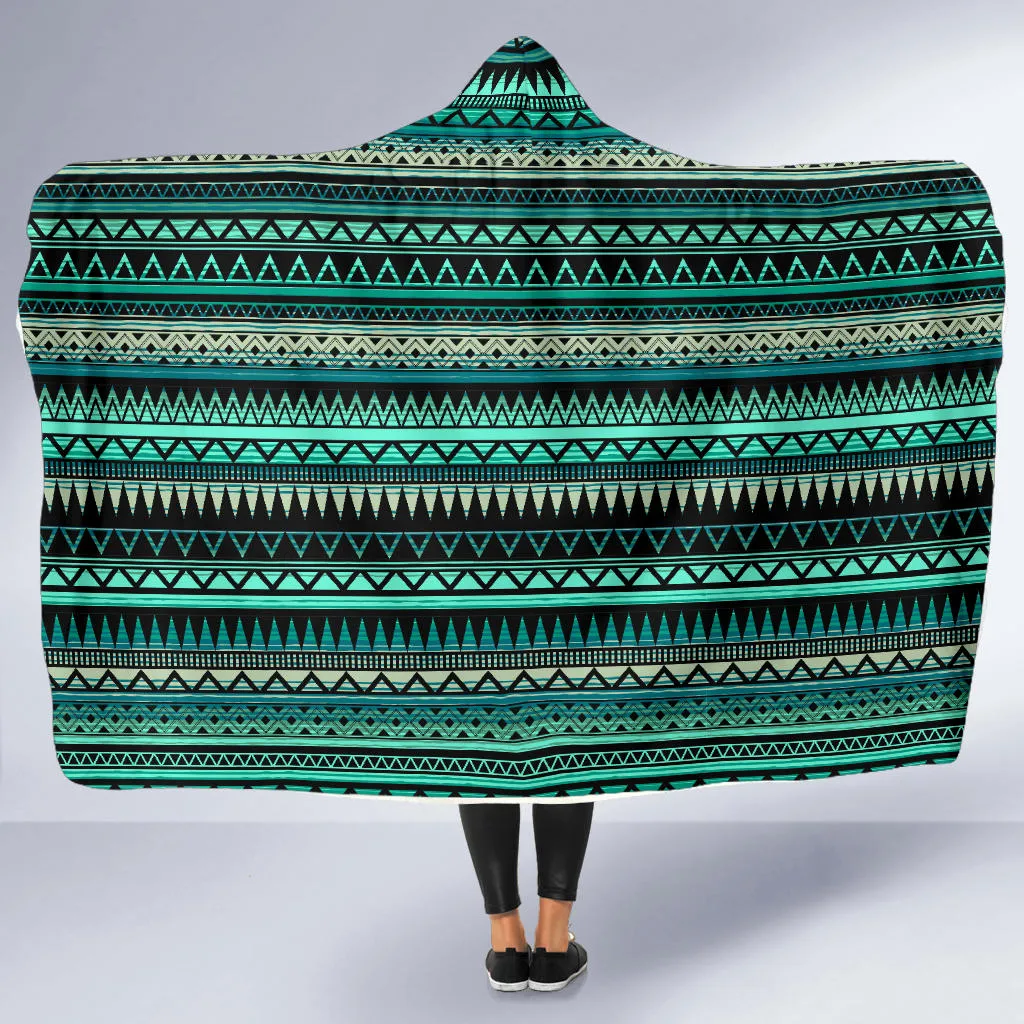 Teal and Black Ethnic Pattern Hooded Blanket