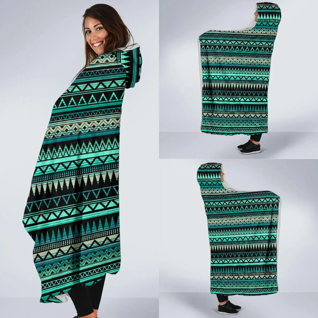 Teal and Black Ethnic Pattern Hooded Blanket