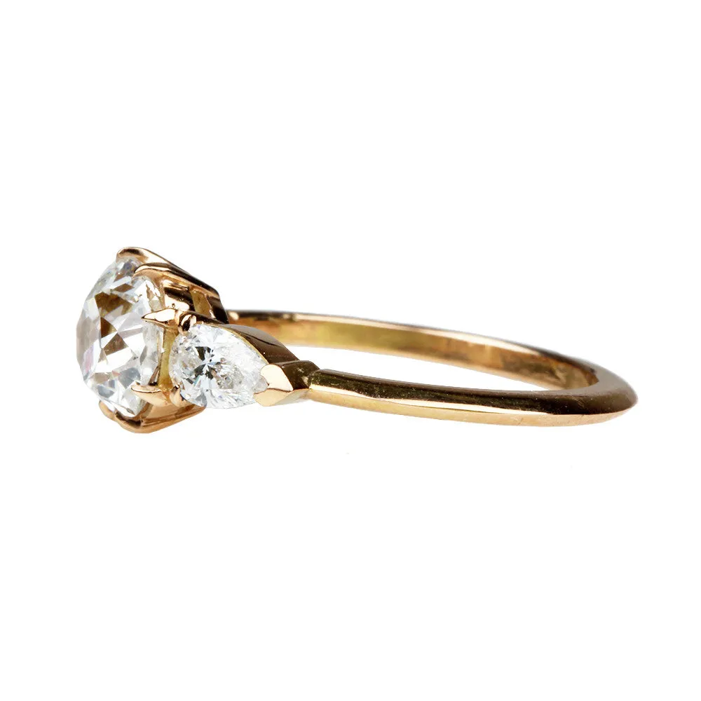 Three Stone Old Mine Cut Diamond Ring with Pear Cuts