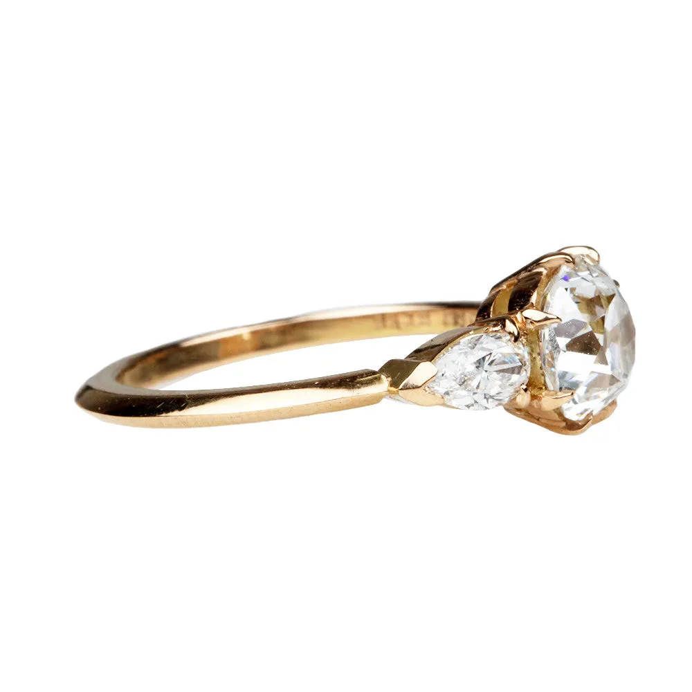 Three Stone Old Mine Cut Diamond Ring with Pear Cuts