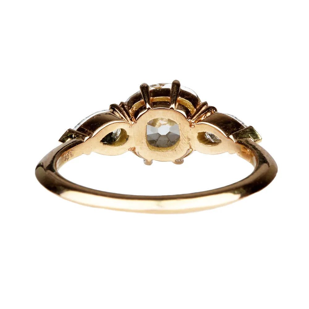 Three Stone Old Mine Cut Diamond Ring with Pear Cuts