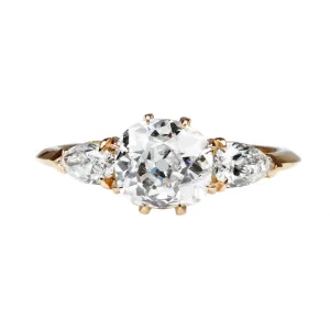 Three Stone Old Mine Cut Diamond Ring with Pear Cuts