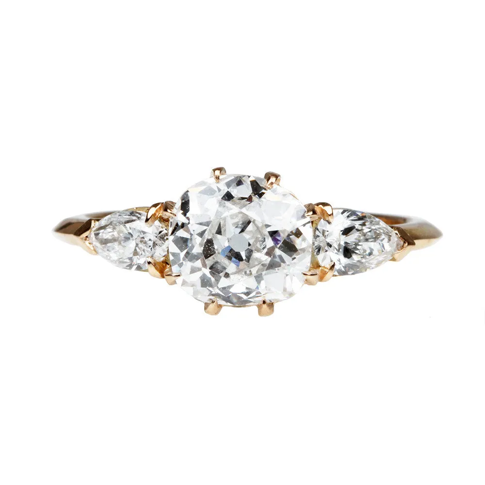 Three Stone Old Mine Cut Diamond Ring with Pear Cuts