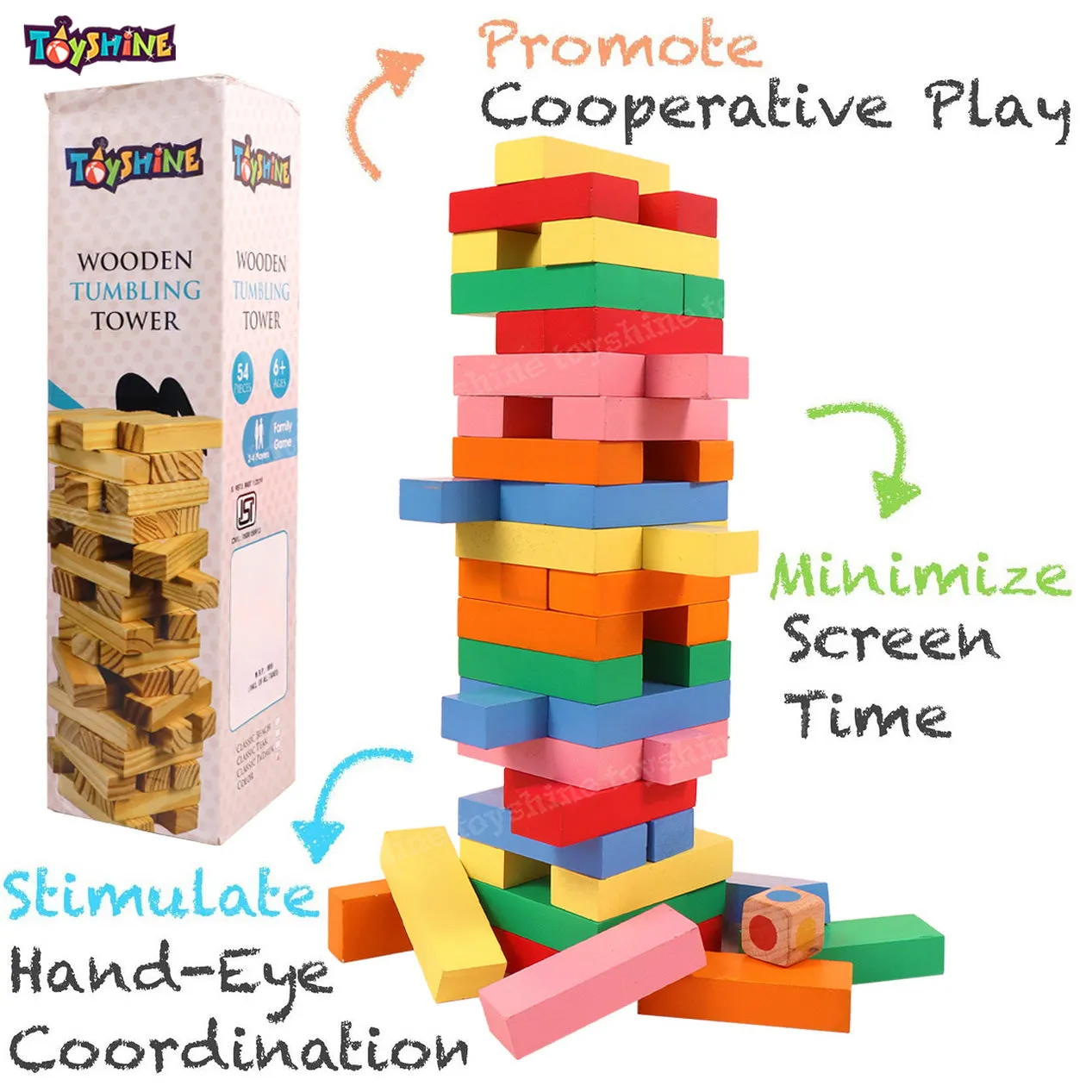 Toyshine 54 Pcs Printed Educational Wooden Stacking Tumbling Tower Blocks Toys, Building Blocks for Kids with Dice -Multi