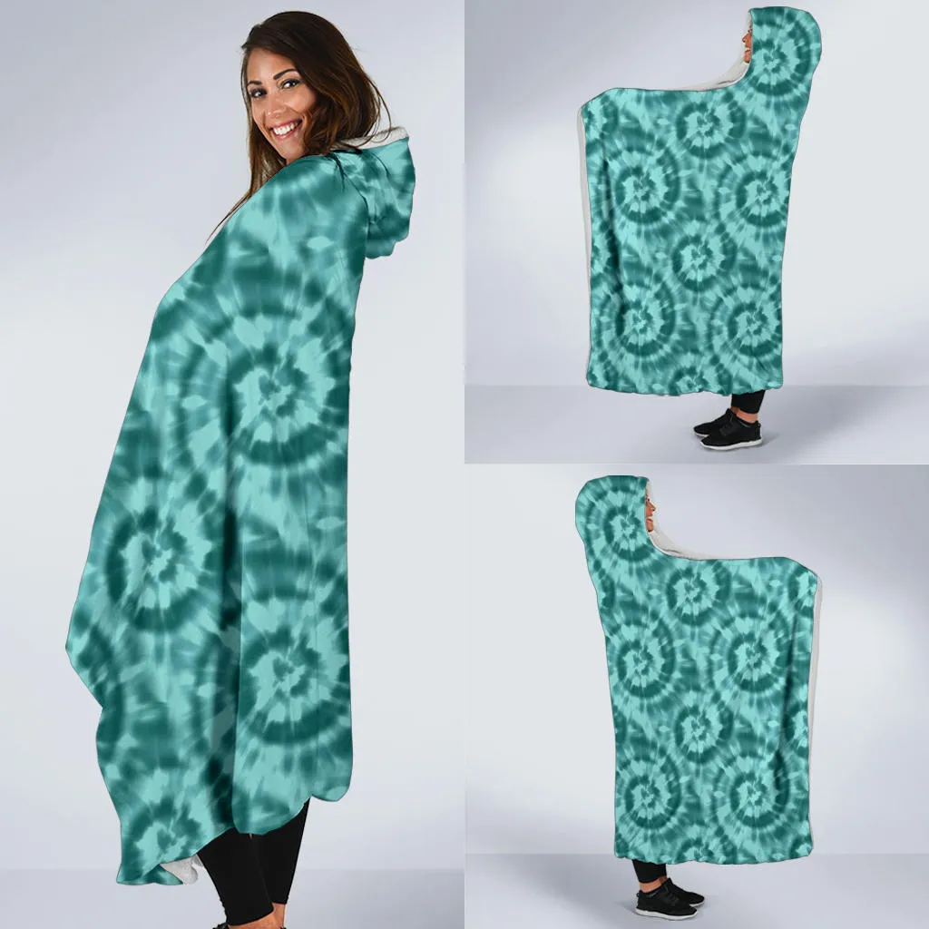 Turquoise Tie Dye Hooded Blanket With White Fleece Lining