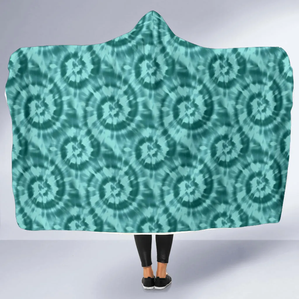 Turquoise Tie Dye Hooded Blanket With White Fleece Lining
