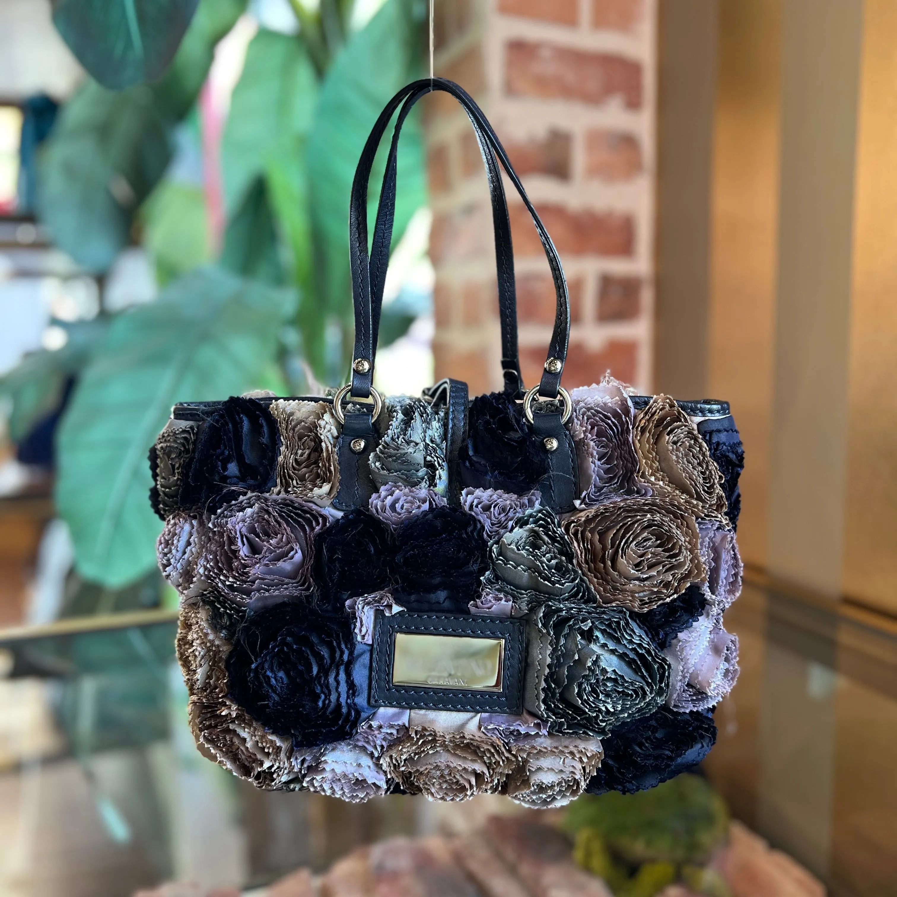 VALENTINO Rosier Navy Blue Gray Silk Tote Bag