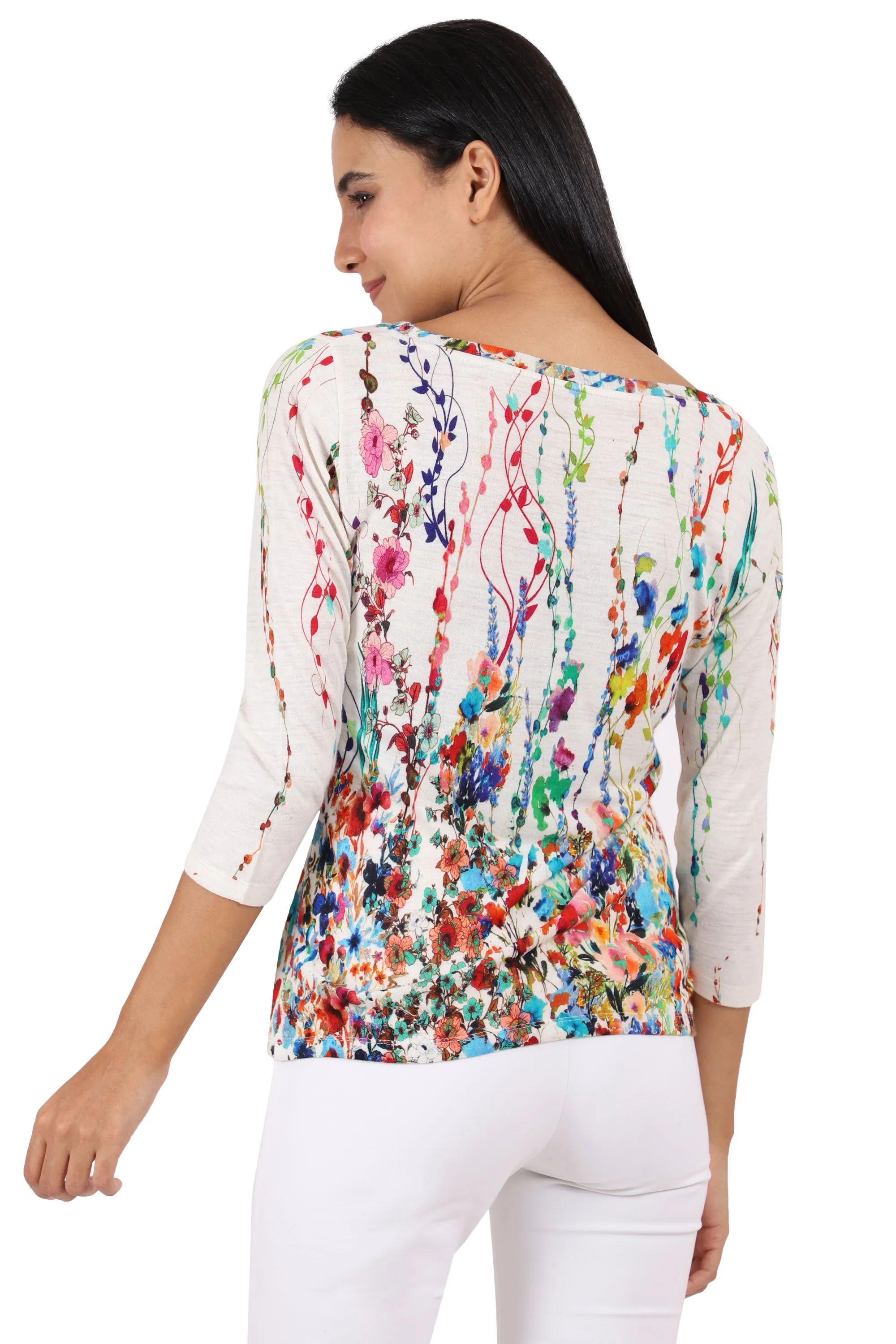 White Floral Silk Cashmere Top