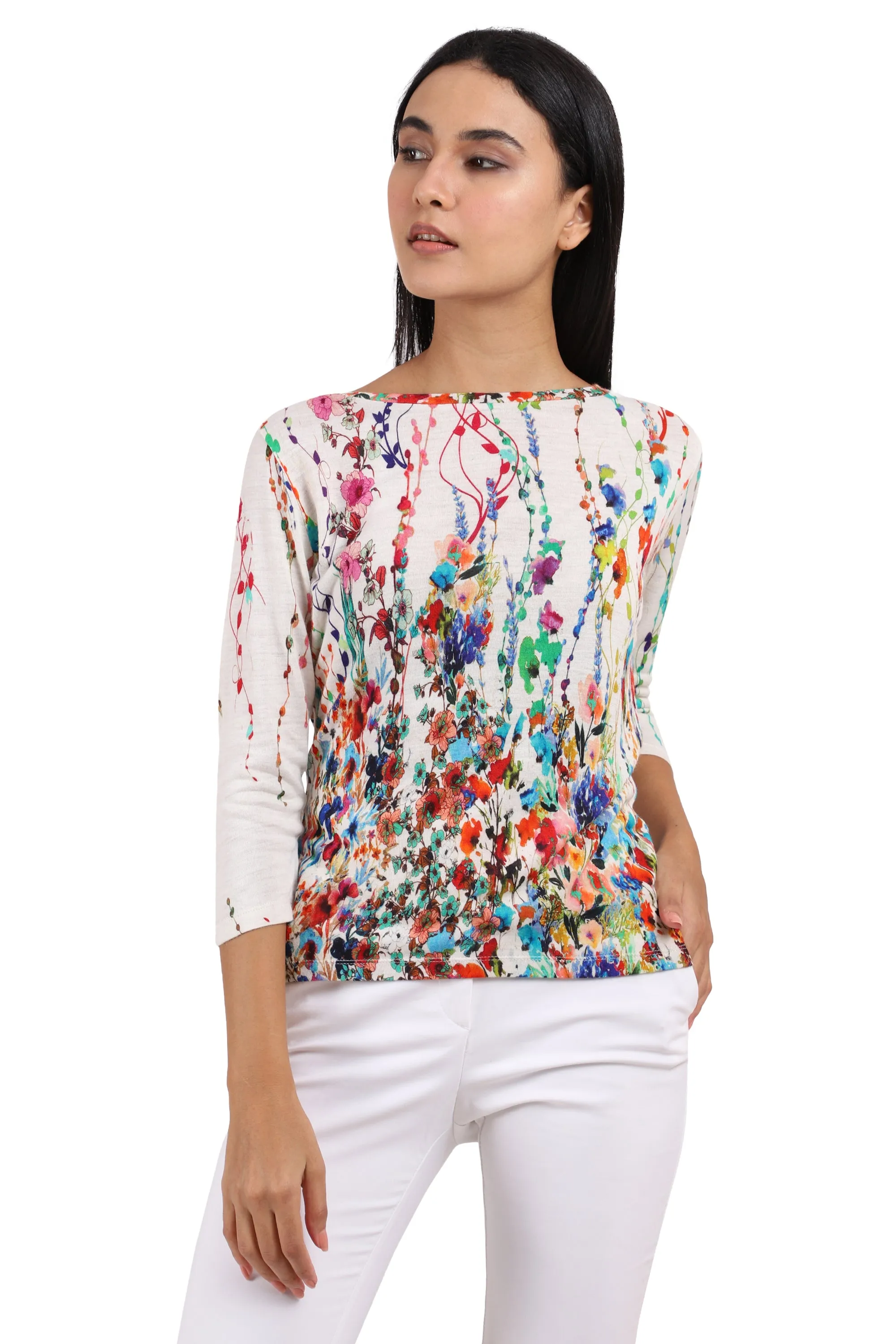 White Floral Silk Cashmere Top