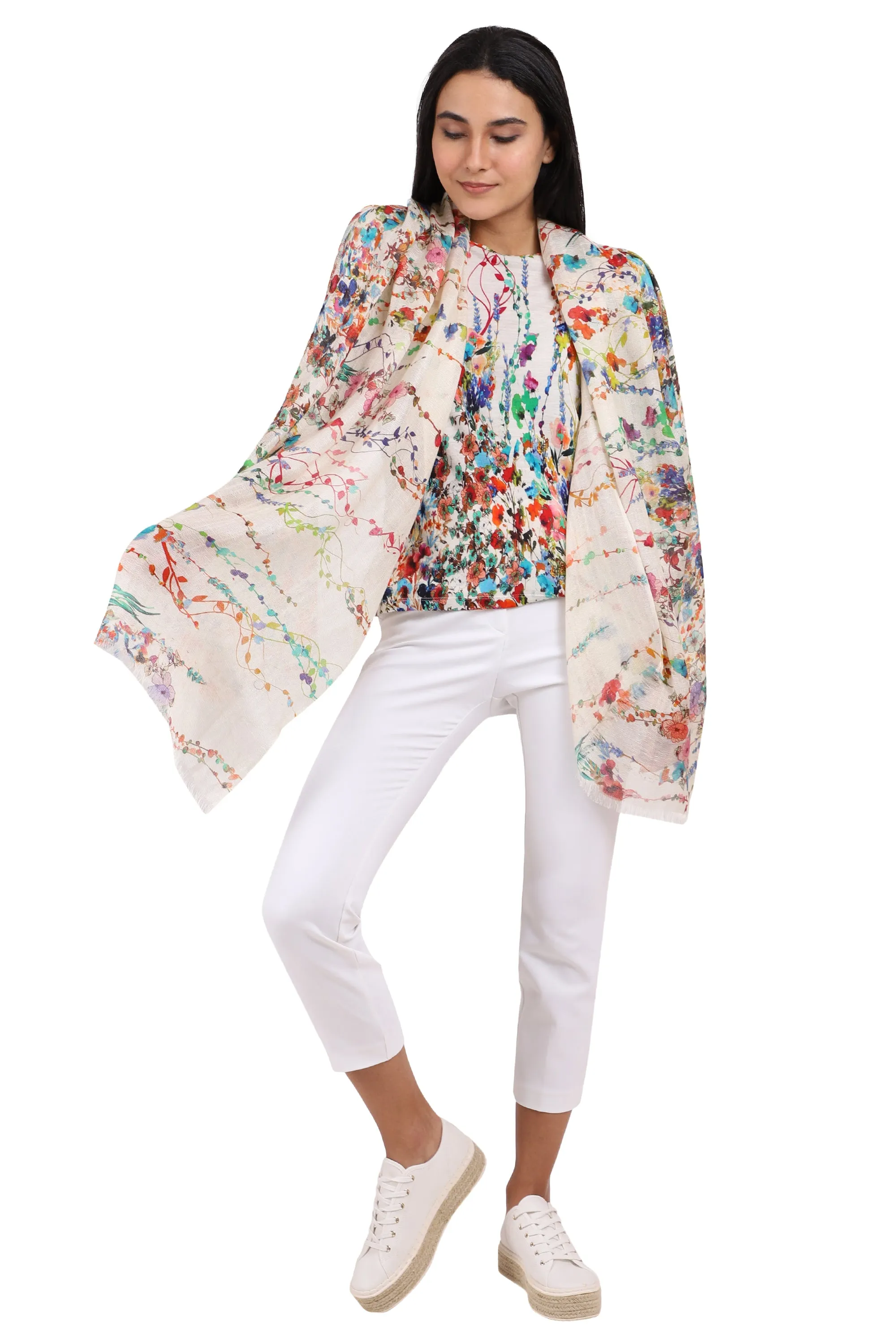 White Floral Silk Cashmere Top