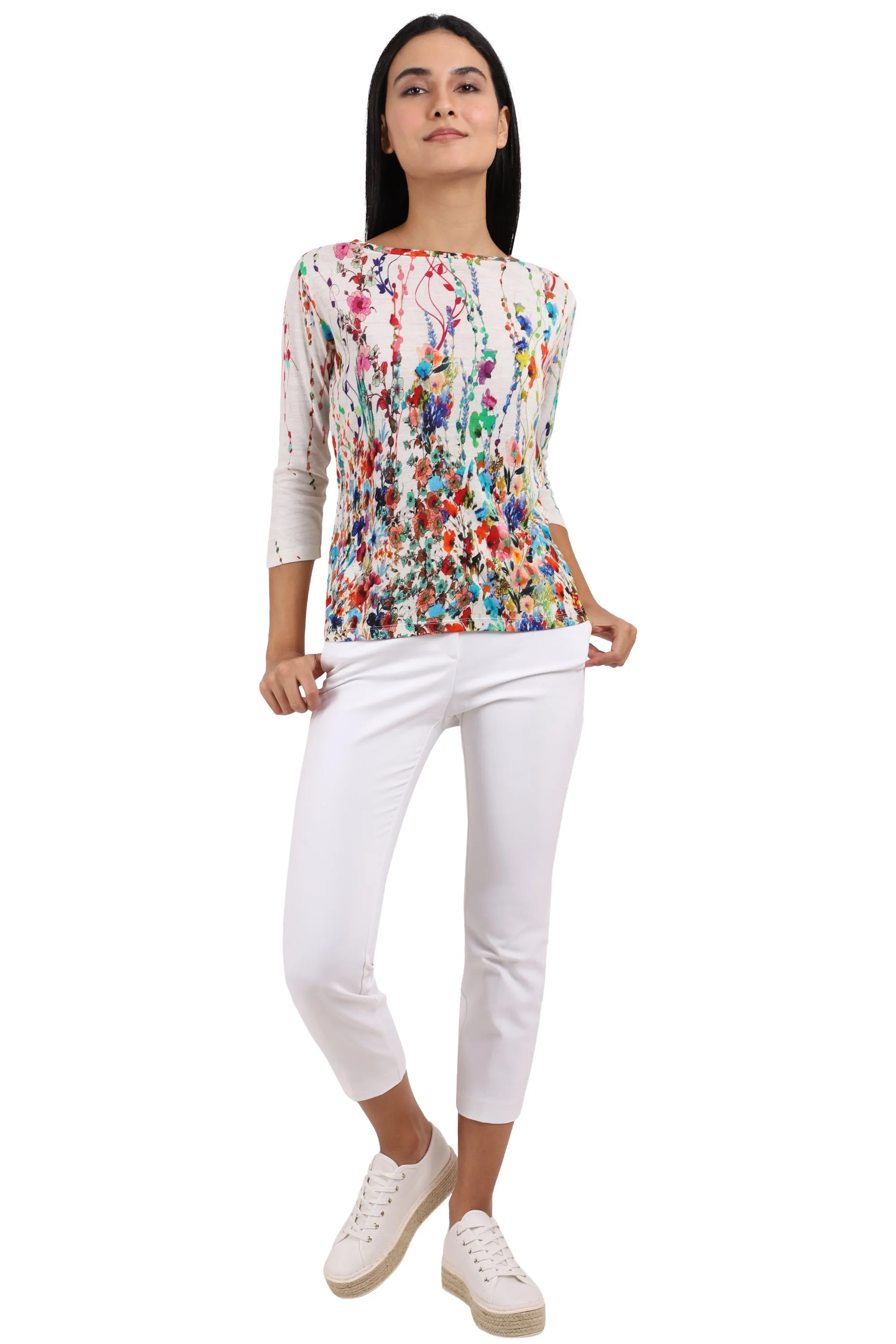 White Floral Silk Cashmere Top