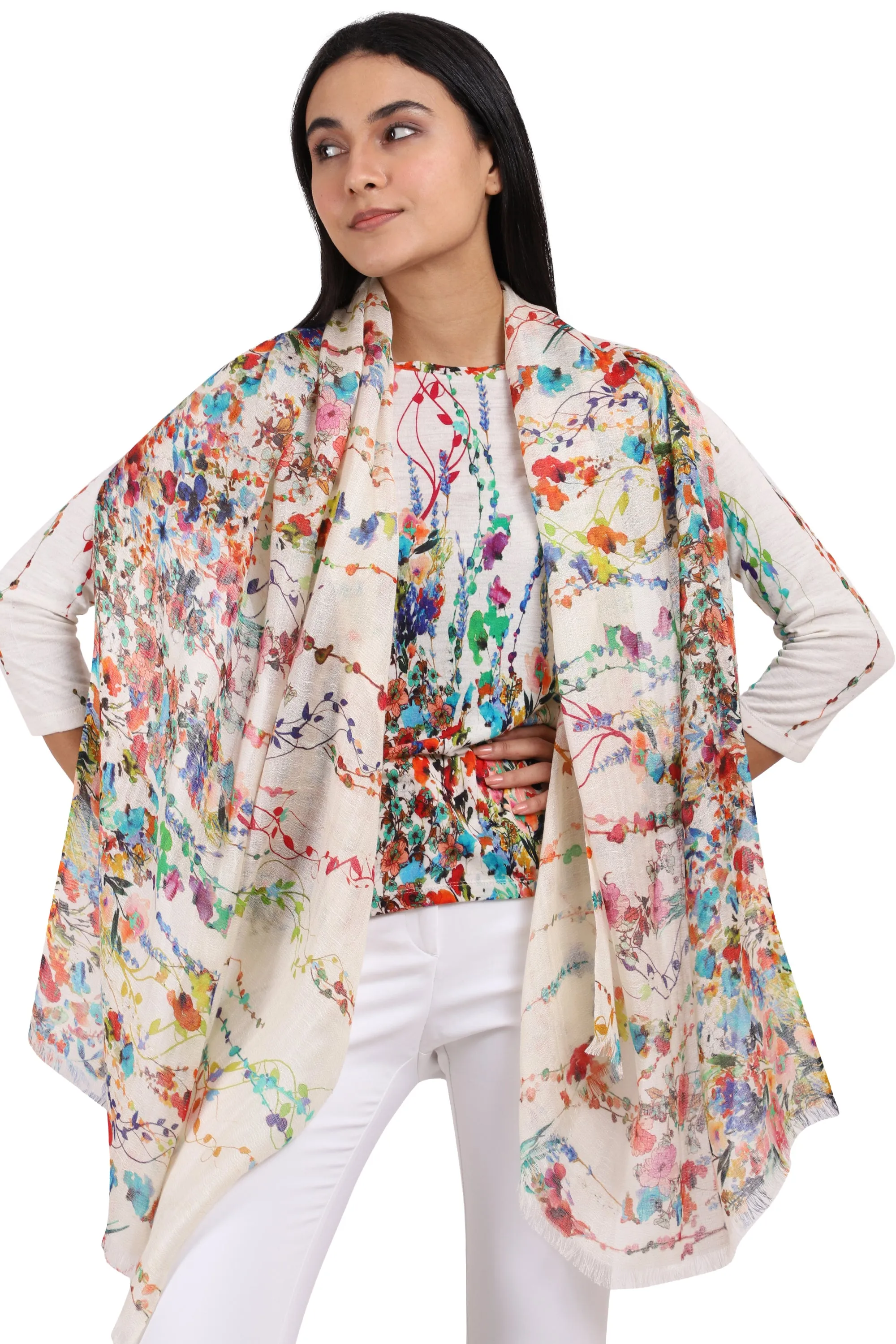 White Floral Silk Cashmere Top