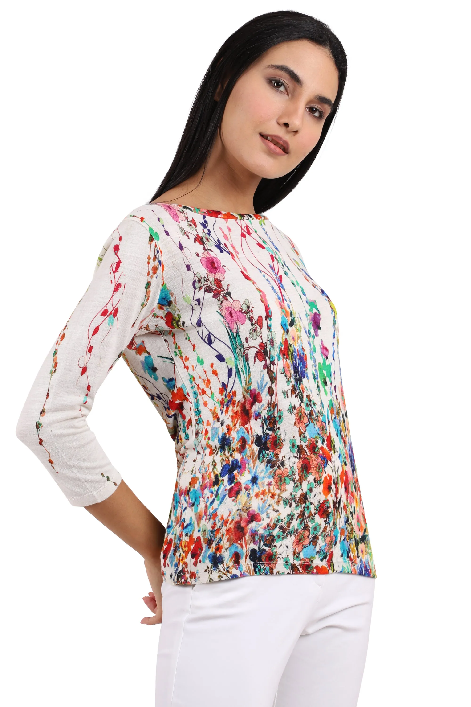 White Floral Silk Cashmere Top