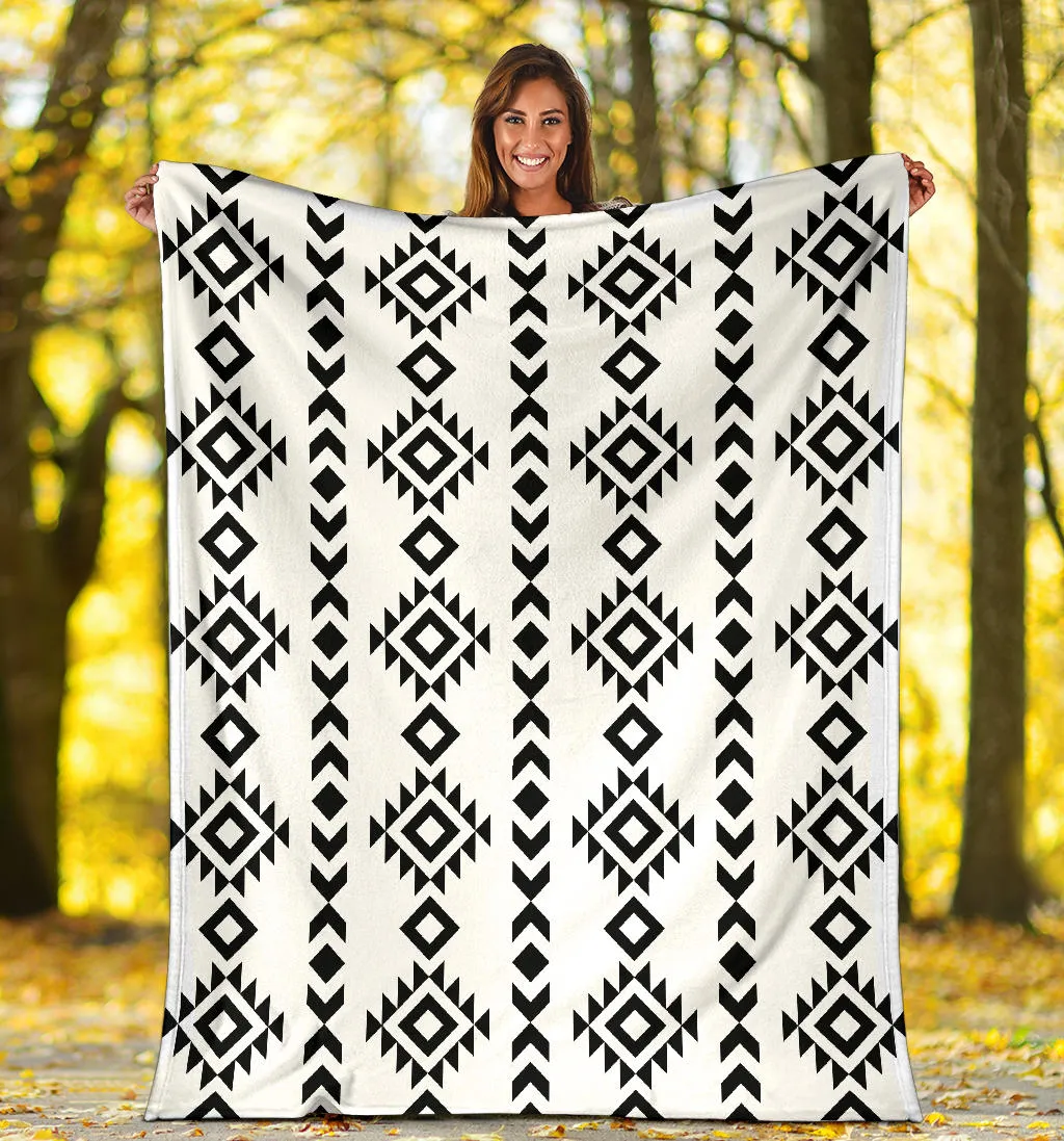 White With Black Ethnic Tribal Pattern Fleece Throw Blanket