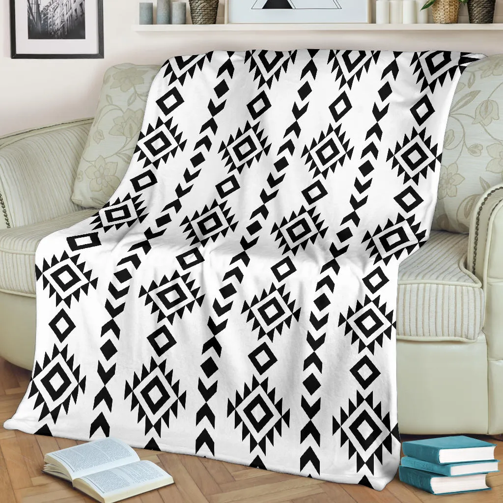 White With Black Ethnic Tribal Pattern Fleece Throw Blanket