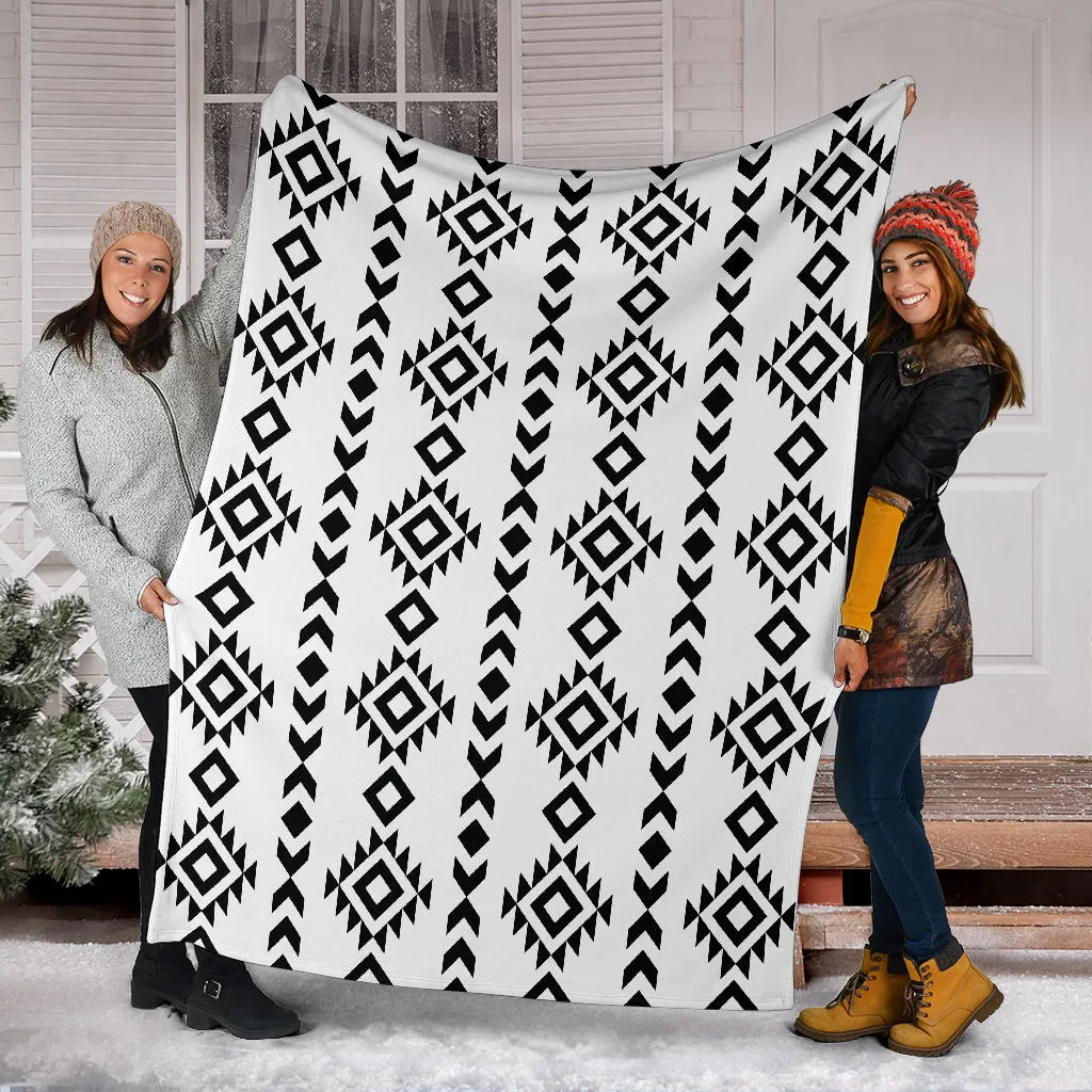 White With Black Ethnic Tribal Pattern Fleece Throw Blanket