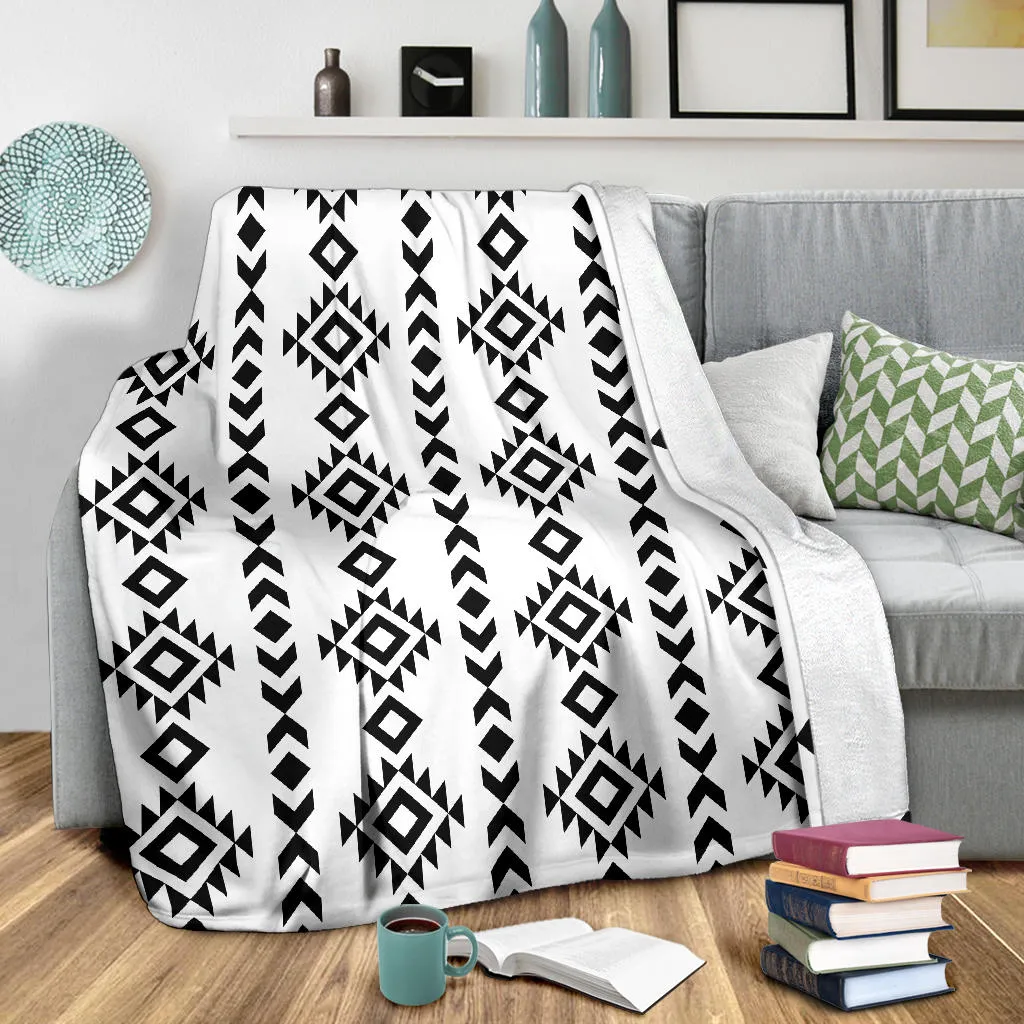 White With Black Ethnic Tribal Pattern Fleece Throw Blanket
