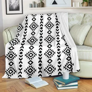 White With Black Ethnic Tribal Pattern Fleece Throw Blanket