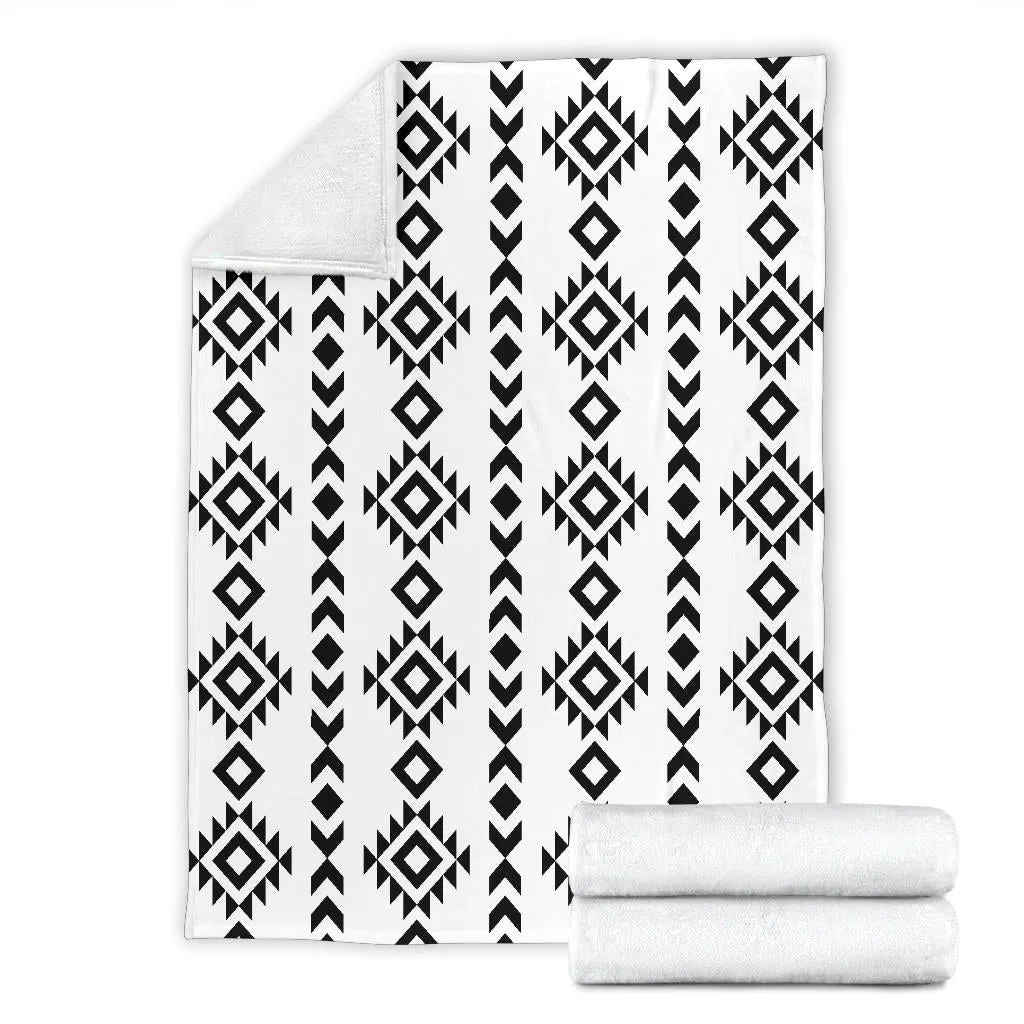White With Black Ethnic Tribal Pattern Fleece Throw Blanket