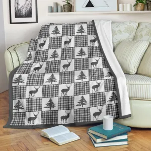 Winter Plaid Pattern Fleece Blanket Patchwork Deer and Pine Trees Pattern Dark Gray Border