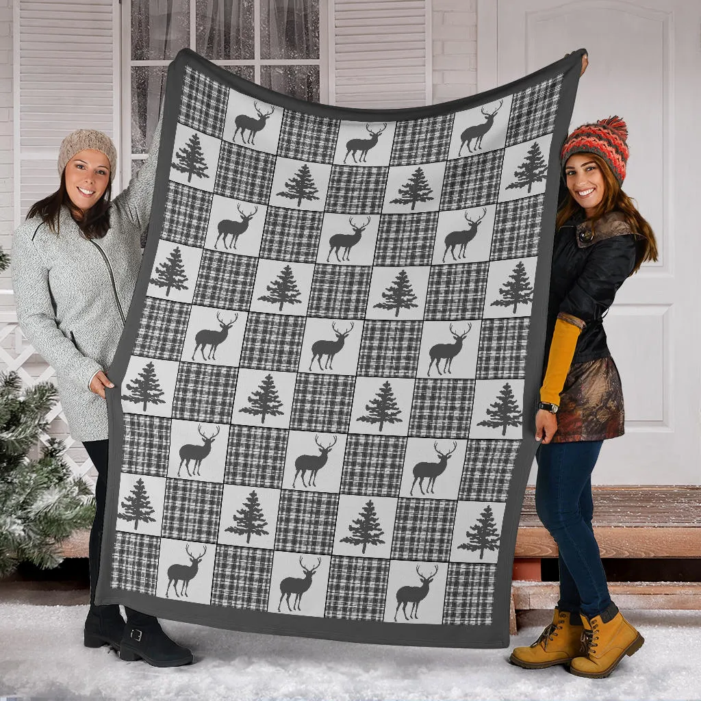 Winter Plaid Pattern Fleece Blanket Patchwork Deer and Pine Trees Pattern Dark Gray Border
