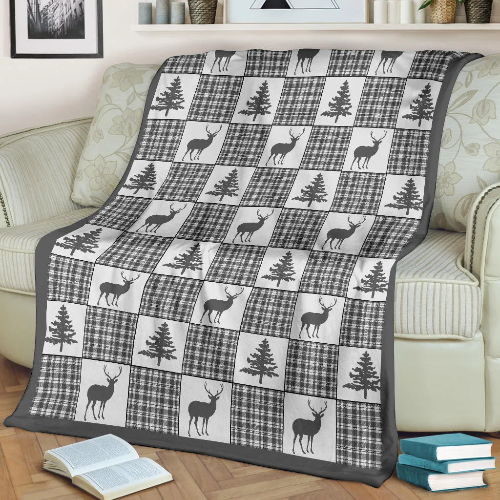 Winter Plaid Pattern Fleece Blanket Patchwork Deer and Pine Trees Pattern Dark Gray Border