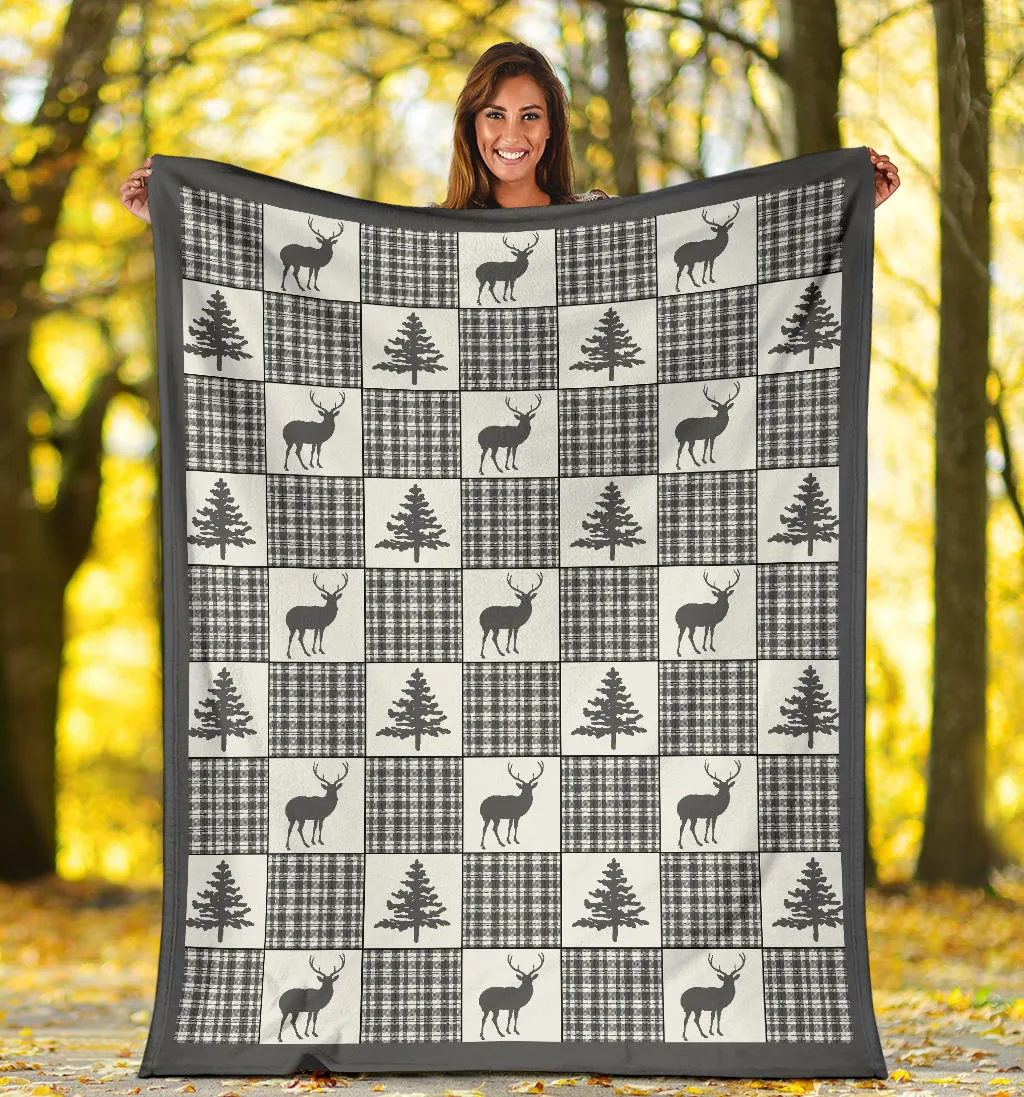 Winter Plaid Pattern Fleece Blanket Patchwork Deer and Pine Trees Pattern Dark Gray Border