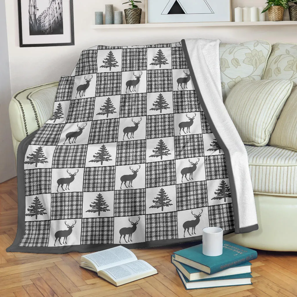 Winter Plaid Pattern Fleece Blanket Patchwork Deer and Pine Trees Pattern Dark Gray Border
