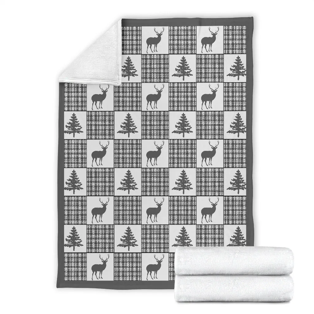 Winter Plaid Pattern Fleece Blanket Patchwork Deer and Pine Trees Pattern Dark Gray Border
