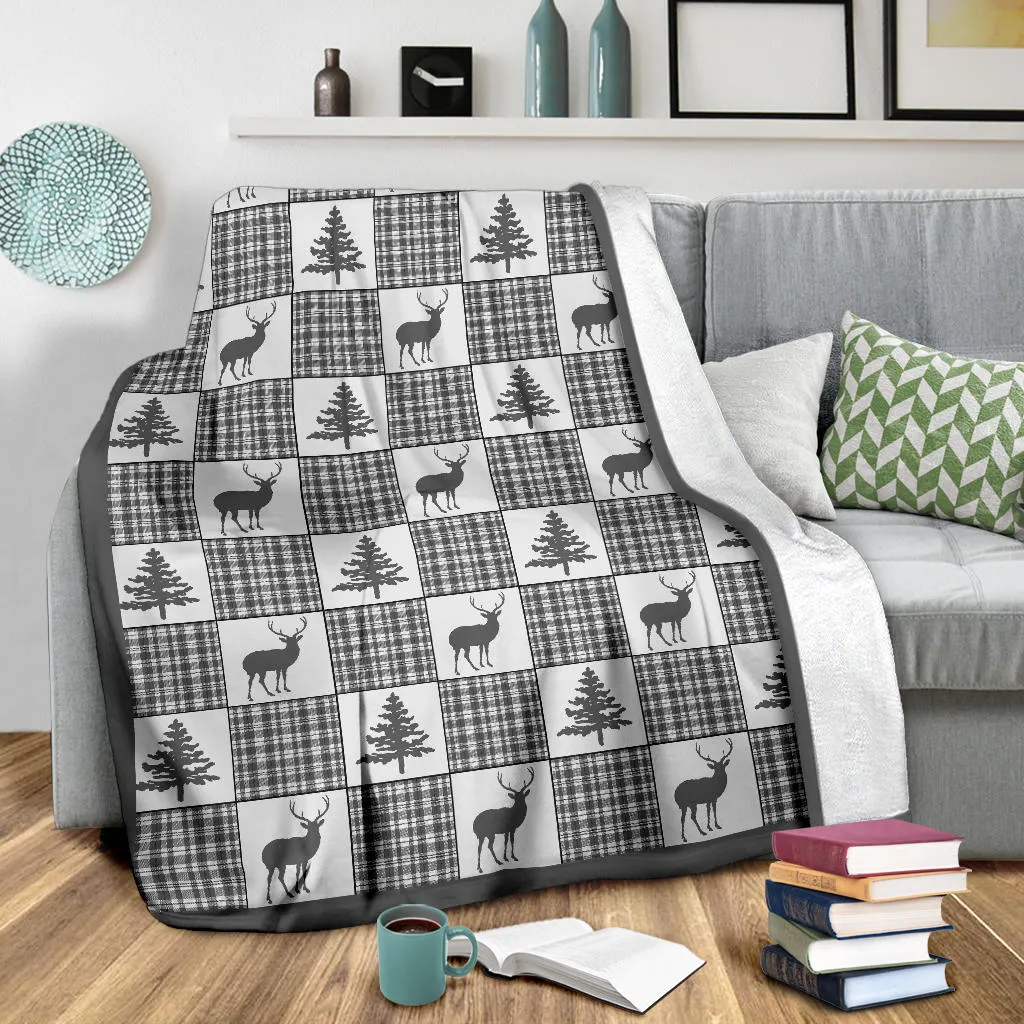 Winter Plaid Pattern Fleece Blanket Patchwork Deer and Pine Trees Pattern Dark Gray Border